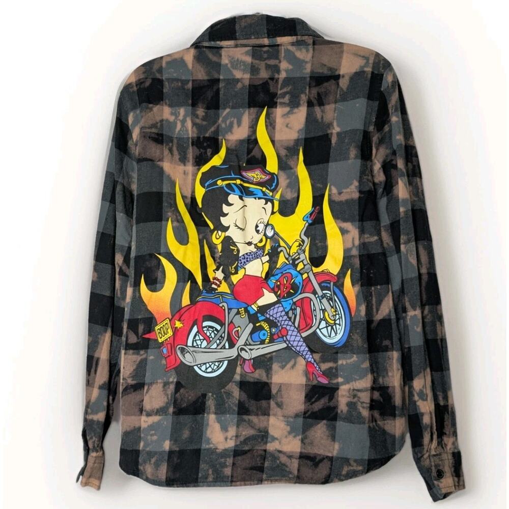 Betty Boop Biker Graphic Plaid Button Down Flannel Bleach Flames Shirt Small